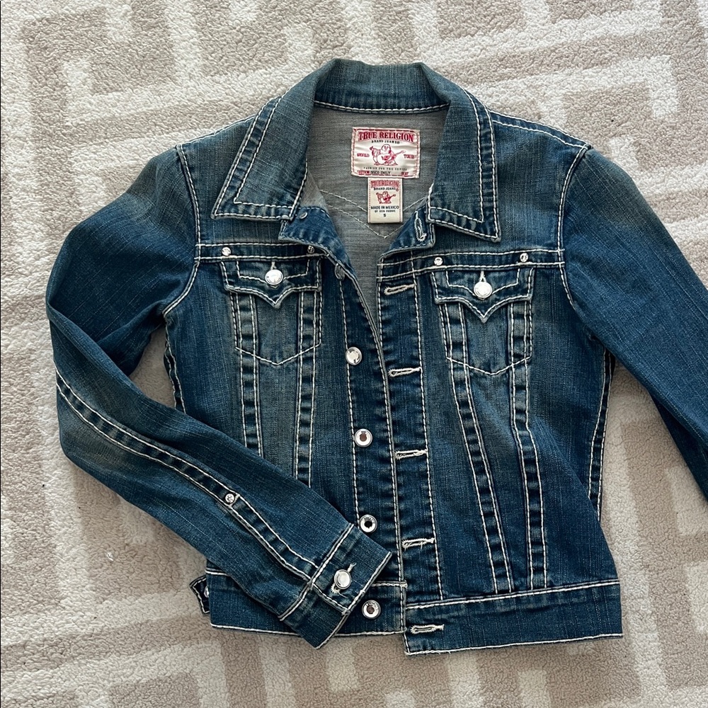 True Religion Blue Denim Jacket with White Stitching Rhinestone Buttons